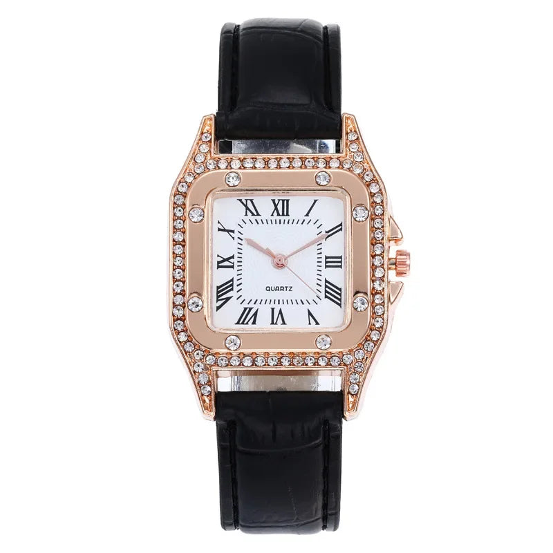 Square Women Watches Waterproof Luxury Rhinestone Quartz Wristwatch PU Leather Ladies Watch Female Ladies Watch Gift Wrist Watch