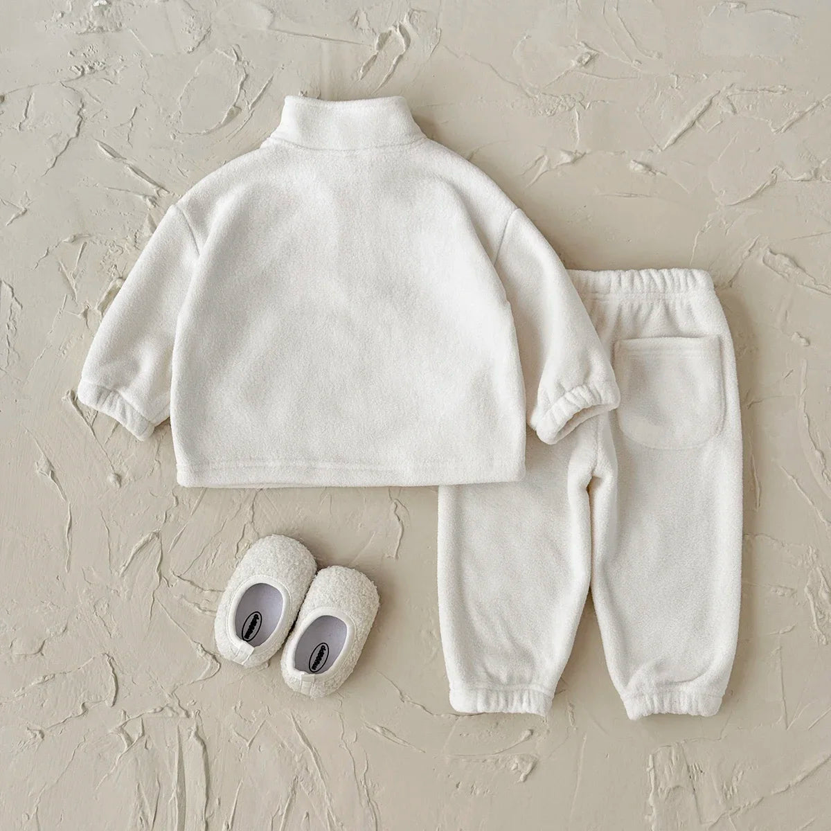 Autumn Winter Thermal Suit Baby Boys Girls Sets Polar Fleece High Neck Badge Pocket Pullover Solid Pants Kids Clothes