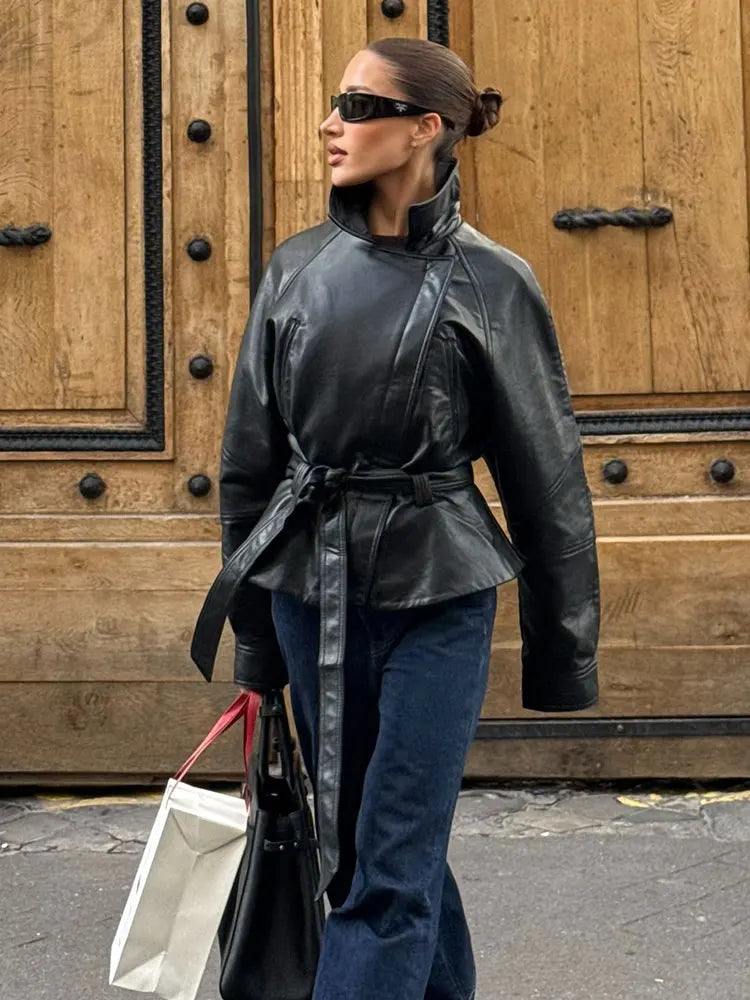 HH Women Vintage Motorcycle Jacket With Belt Faux Leather Trench Coat Long Sleeve Lapel Zipper Jacket Autumn High Street Outwear