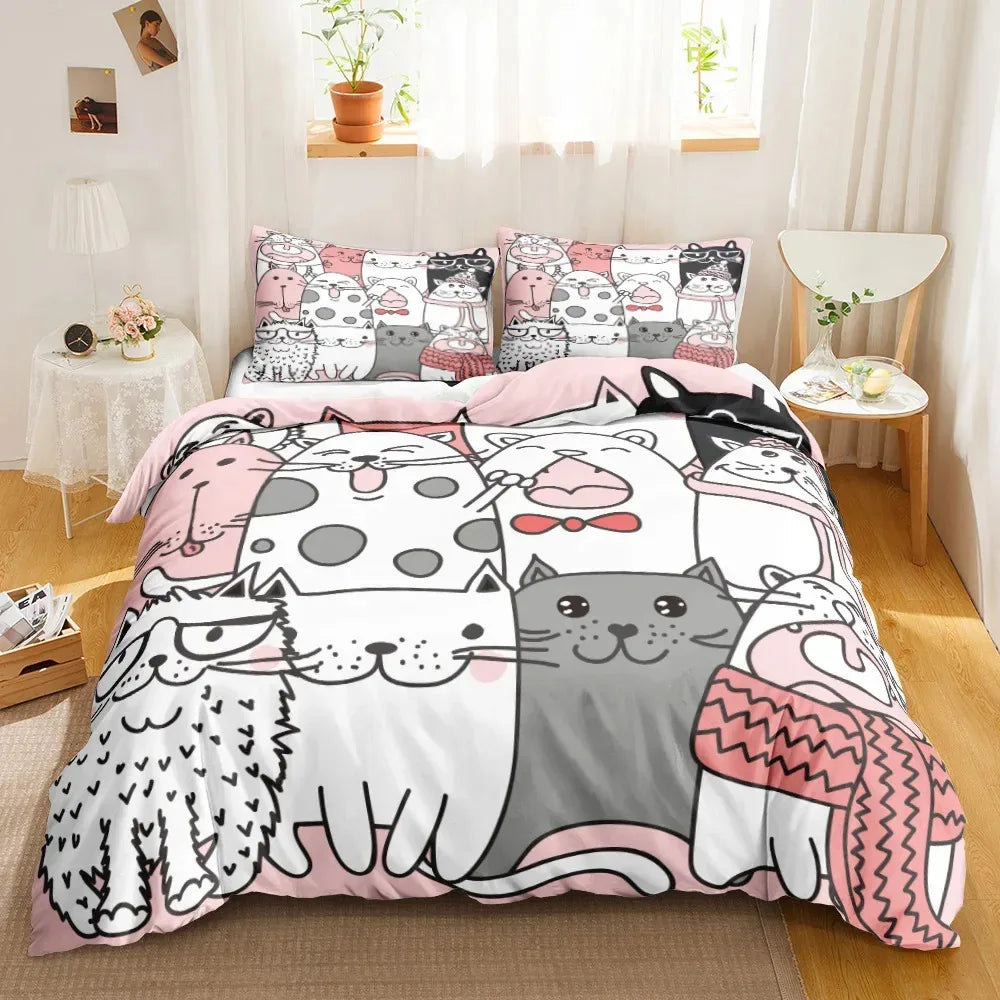 3PCS Single-sided Printed Bedding Set ,Comforter Cartoon Cute Cat Duvet Bedding Cover Pillows Comfortable Bedspreads Bedding Set