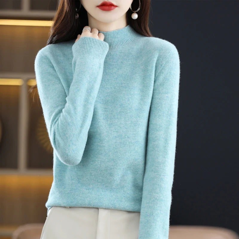 New Fashion Autumn And Winter Pure Wool Sweater Top Women's Semi-Turtleneck Solid Color Long-Sleeved Fashion Pullover Sweater101