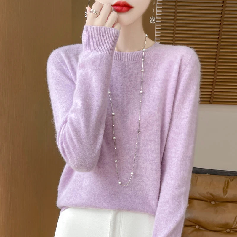 2024 Fashion 100% Merino Wool Sweater Cashmere Pullover O-Neck Long Sleeve Women Knitwear Autumn Winter Clothing Y2K Tops O Ling