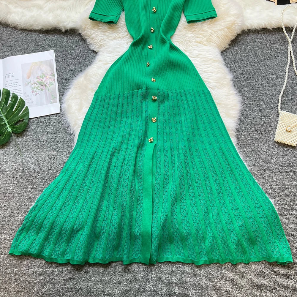 YuooMuoo Brand Fashion Vintage Turn-down Collar Knit Maxi Dress Elegant Single-breasted A-line Long Shirt Dress Lady Vestidos