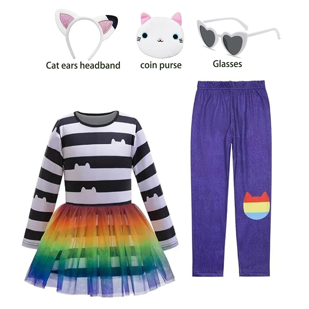 Spring Autumn Children's Clothes Set Gabby Long Sleeved Rainbow Mesh Skirt +pants Set Dollhouse Cat Girl's Tutu Two-Piece Sets
