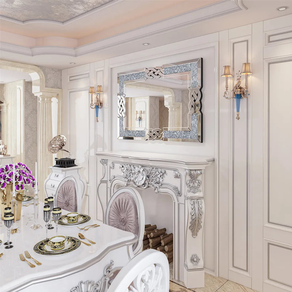 LUVODI Large Crush Diamond Full Body Wall Mirror Artistic Silver Bathroom Vanity Mirror