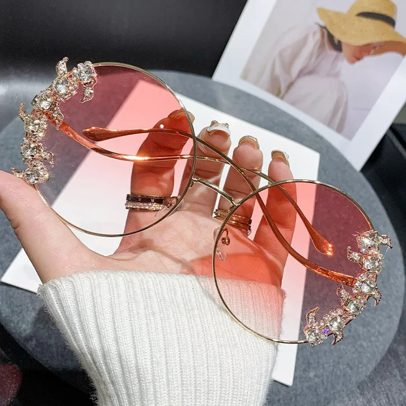 New Style Frameless Cut-edge Diamond Sunglasses With Wave Design, Temple Glasses, Fashionable Round Rhinestone Sunglasses