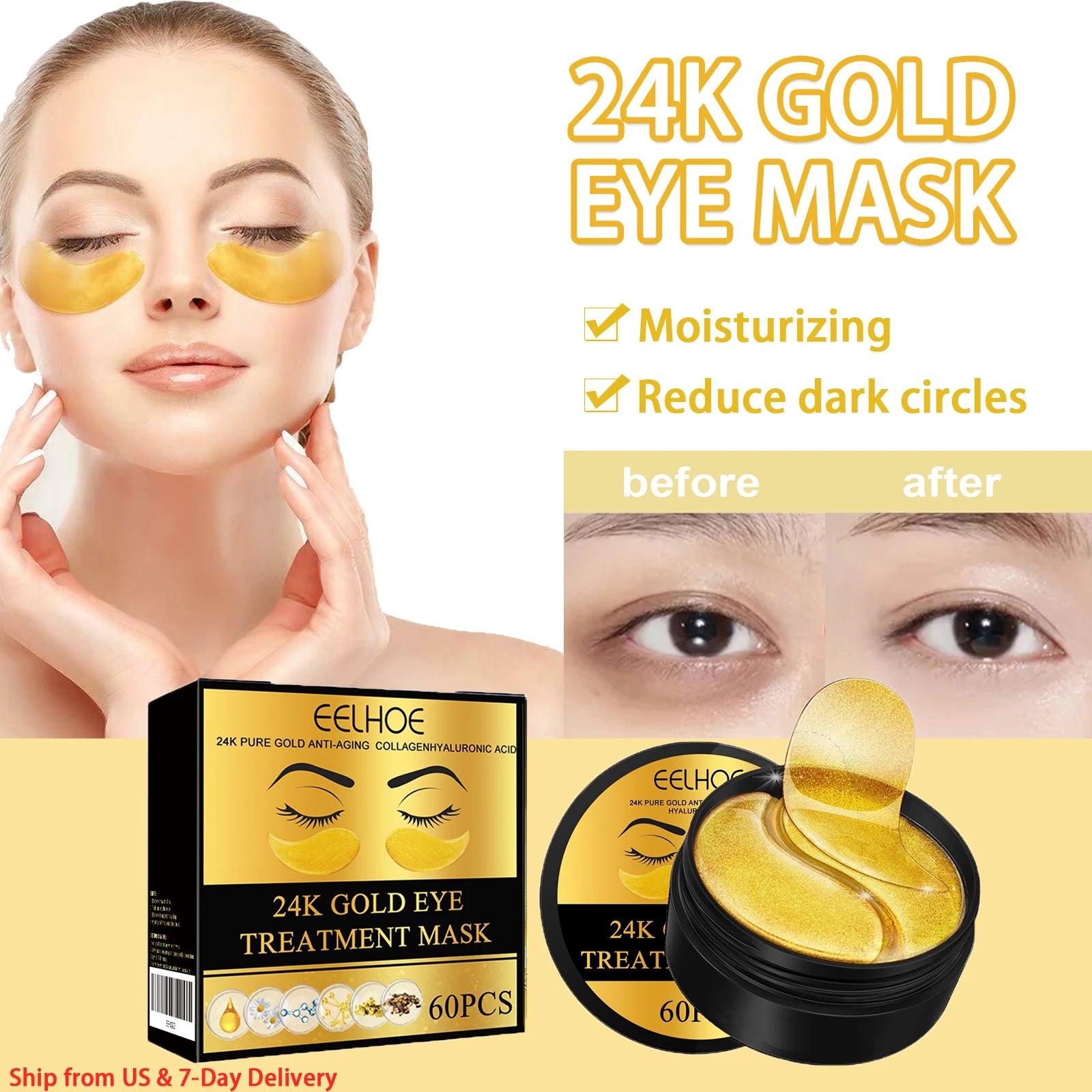 60PCS 24K Gold Eye Mask Anti Dark Circles Removal Eyes Bags Moisturizing Firming Eye Patches Eyes Skin Care Products