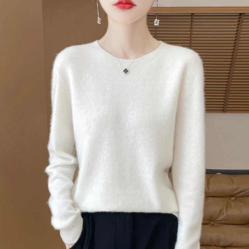 2024 Fashion 100% Merino Wool Sweater Cashmere Pullover O-Neck Long Sleeve Women Knitwear Autumn Winter Clothing Y2K Tops O Ling