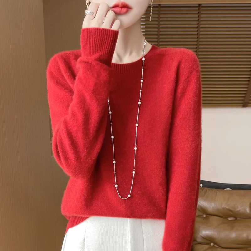 2024 Fashion 100% Merino Wool Sweater Cashmere Pullover O-Neck Long Sleeve Women Knitwear Autumn Winter Clothing Y2K Tops O Ling