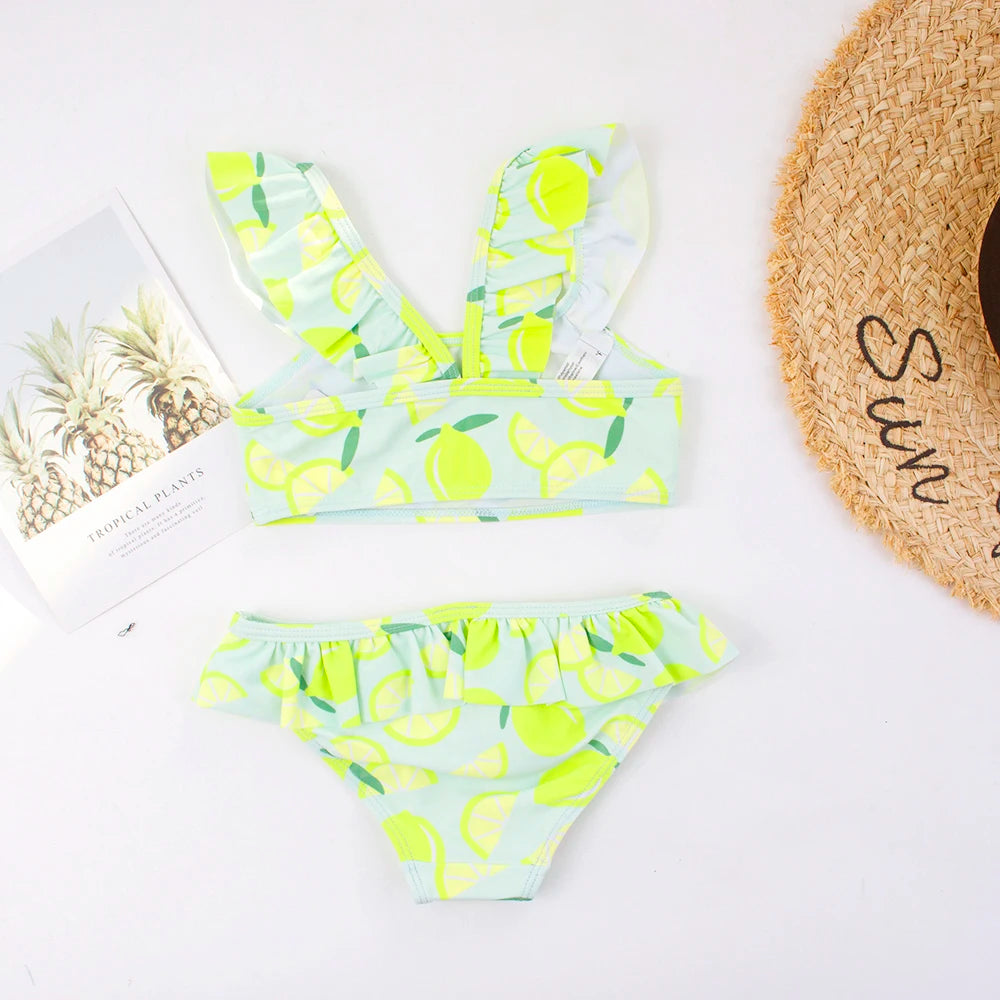 Ruffle Lemon Print Baby Kids Swimwear Swimsuit Summer Beach Cute Girls Kids Bikini Set 3-8Years Outdoor Children Swimming Suit