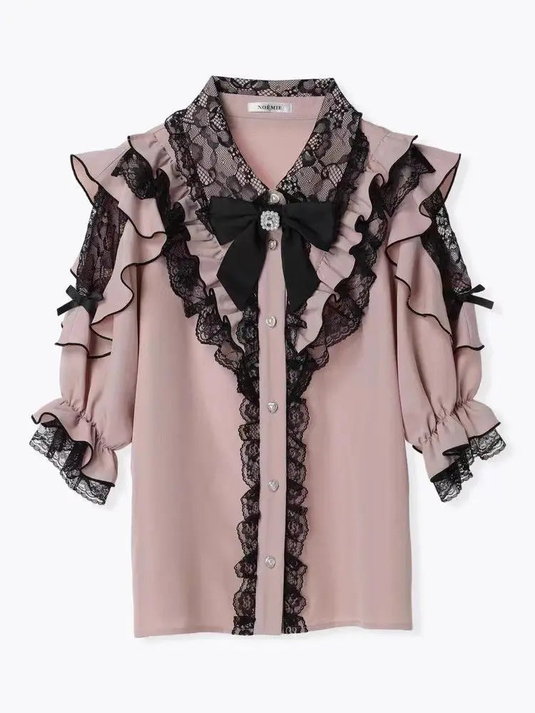 Noemi Inspired Ruffle Bow Top - Japanese Dark Femme Off-Shoulder Blouse, Lace Trim Bell Sleeve Shirt for Yami Kawaii & Lolita