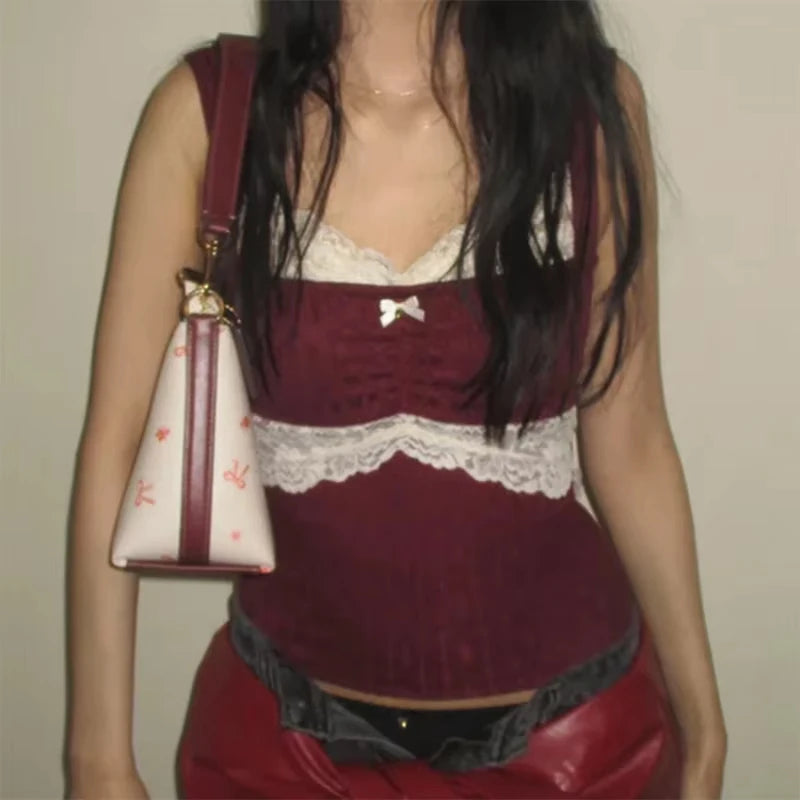 90s Vintage Cutest Lace Trim Camis Women Aesthetic Grunge Slim Fit Milkmaid Vest 00s Retro Y2k Cottage Crop Top Coquette Clothes