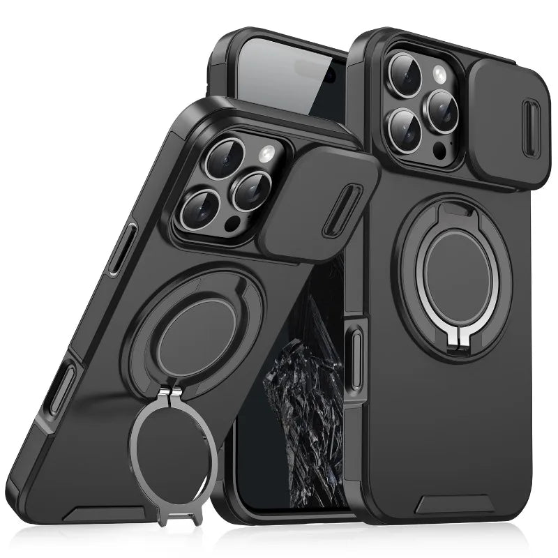 Luxury Heavy Duty Rugged Armor Magnetic Bracket Case For iPhone 16 15 14 13 12 11 Pro Max Plus Slide Camera Protection PC Cover