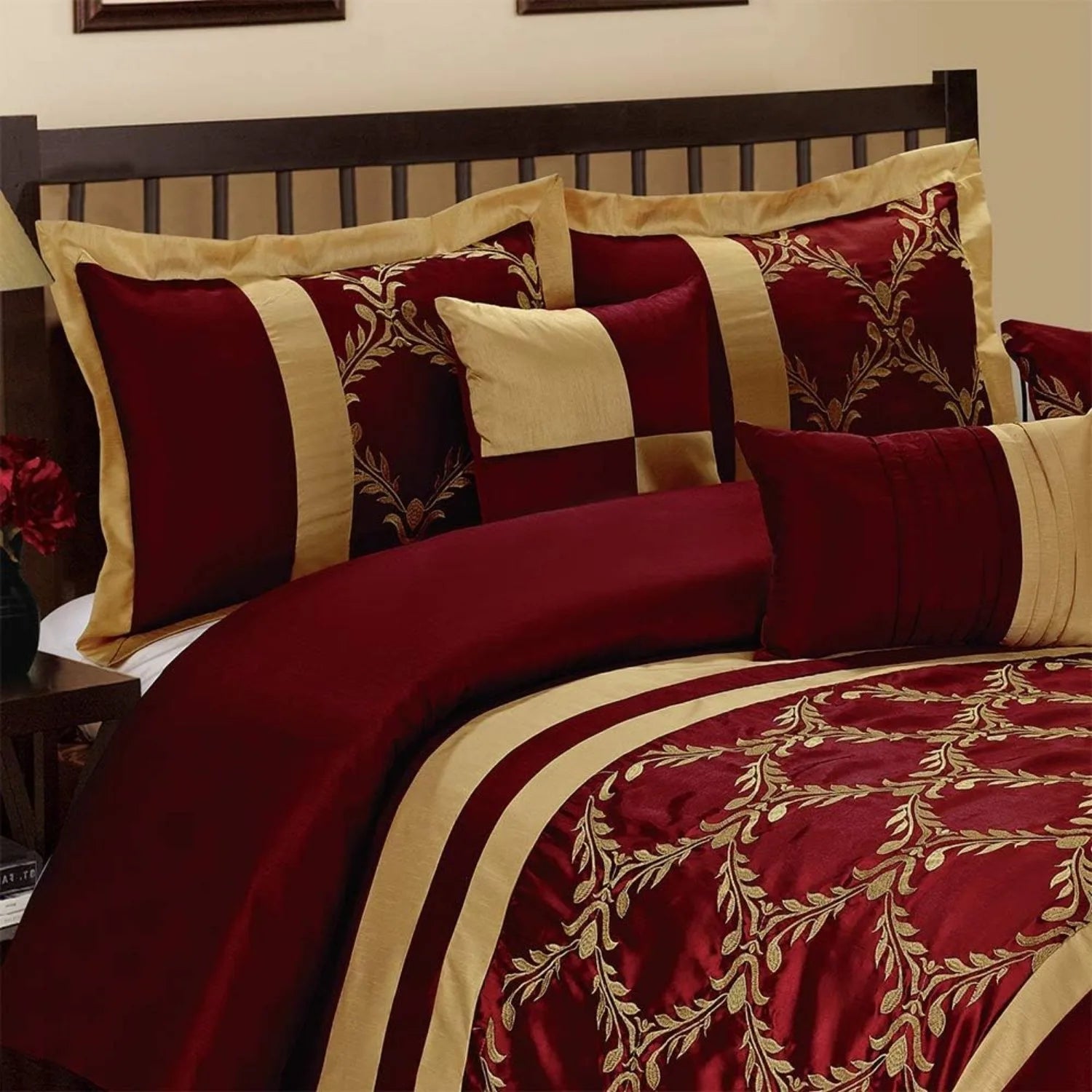 7 Piece Comforter Set King - Burgundy and Gold Faux Silk Fabric Embroidered - Claremont Bed in A Bag - Breathable and Wrinkle