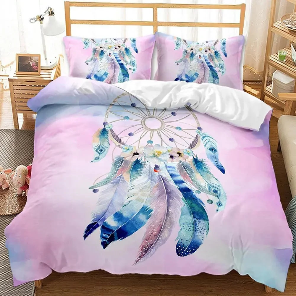 Dream Catcher Duvet Cover Set Purple Bedding Set Chic Boho Mandala Floral Feather Design Galaxy Comforter Cover Set Queen Size
