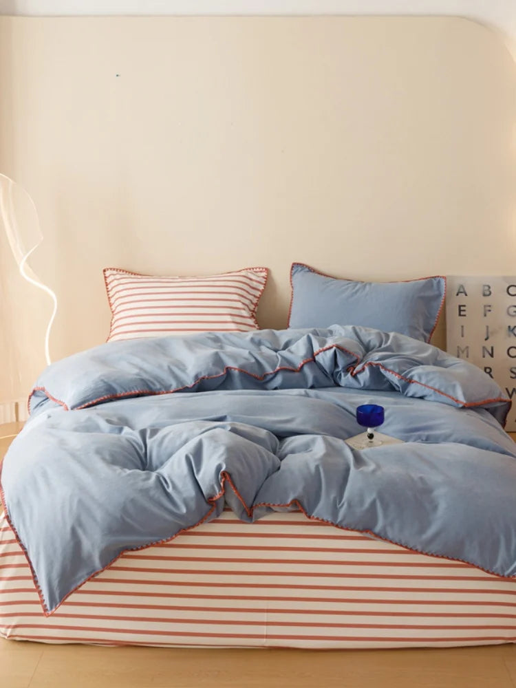 Blue Protein Durable Washed Cotton Bedding Set Striped Color Block Shell Embroidery Comforter Cover with Standard Pillowcases
