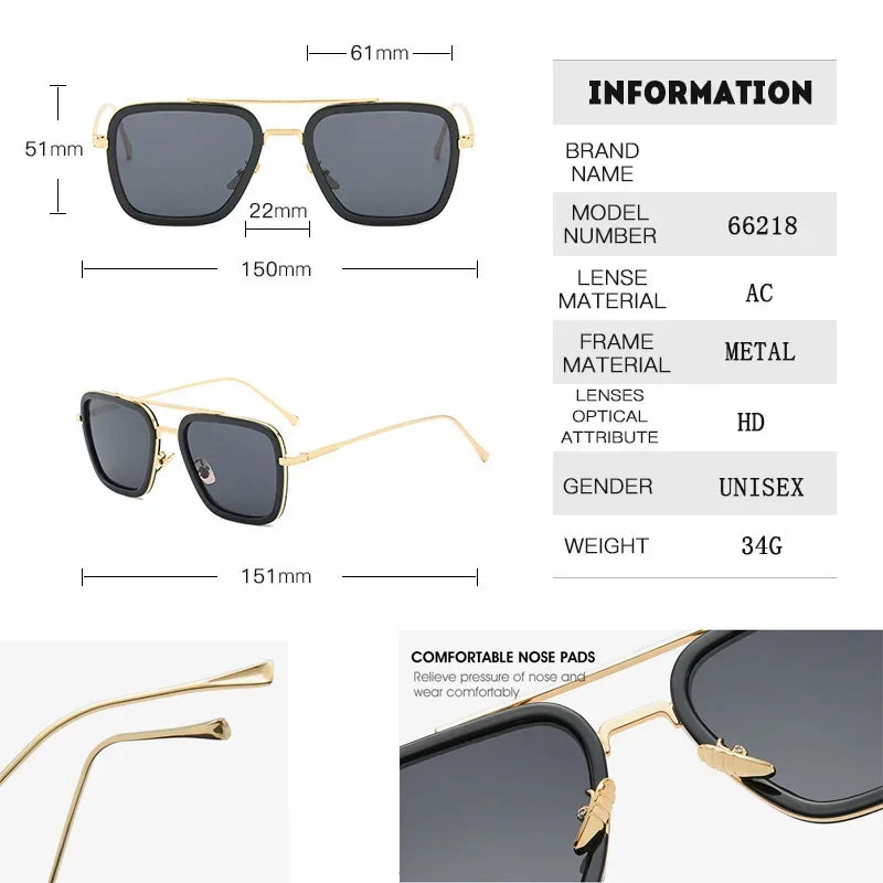 Sun Glasses Fashion Square frame Tony Stark Style Women Sunglasses Men Square Brand Design Sun Glasses Oculos Retro Male Iron