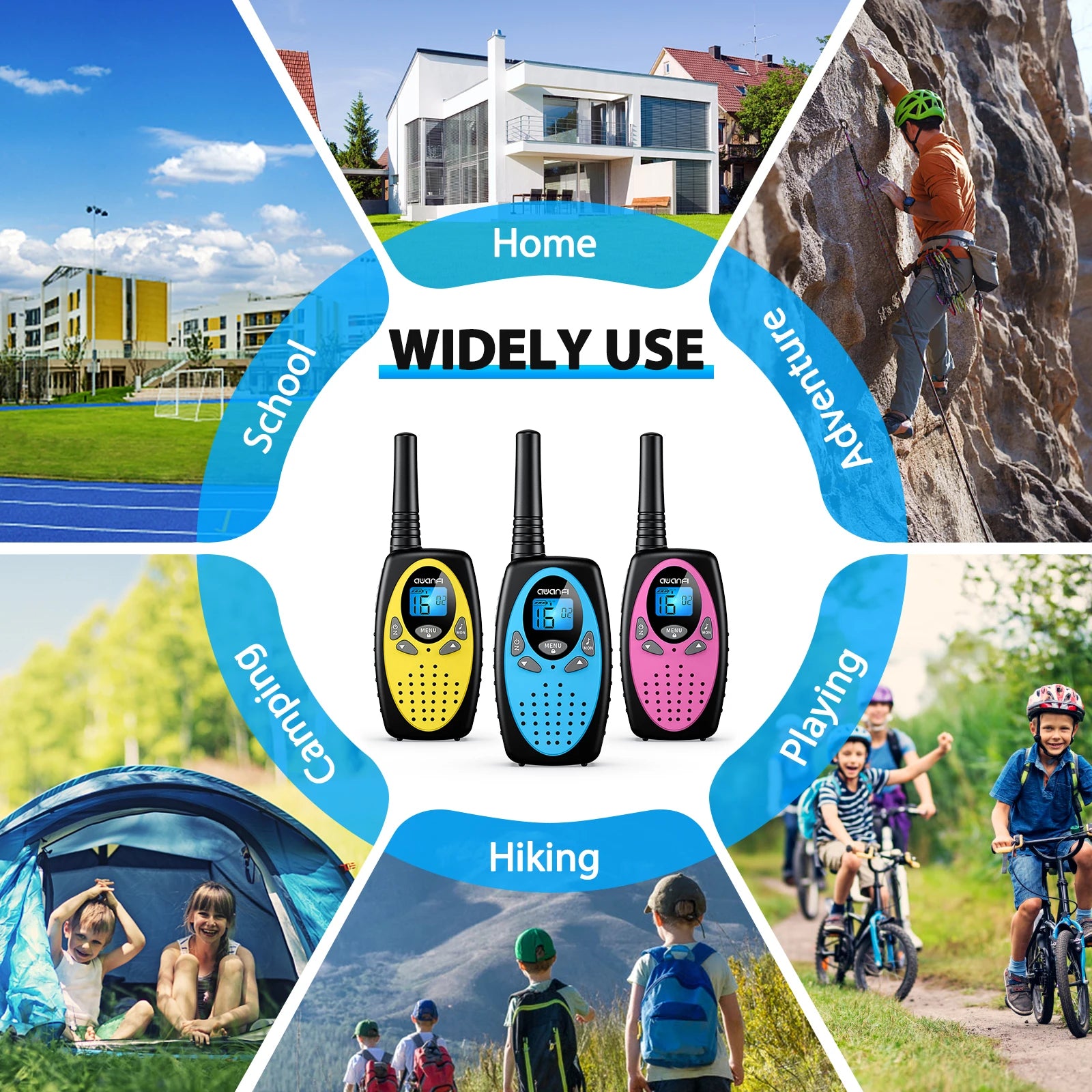 AWANFI Walkie Talkies Rechargeable 3 Pack for Kids Adults, 2 Way Radios with 1200 mAh Li-ion Battery, 22 Channels for Outdoor