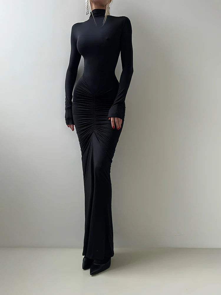 Sisterlinda Autumn New Style Long Dress Woman Turtleneck Full Sleeve Skinny High Stretch Daily Casual Fashion Elegant Vestidos