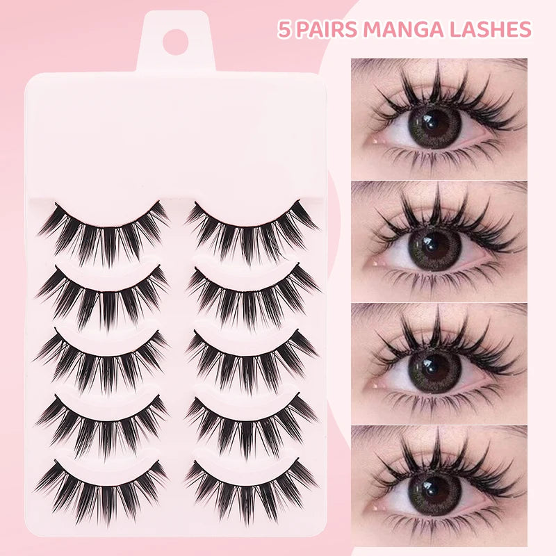 DINGSEN 5 Pairs Manga Lashes Eyes Lashes Soft Natural Long Eyelashes Fake Lashes Anime Wispy Strip False Eyelashes Makeup