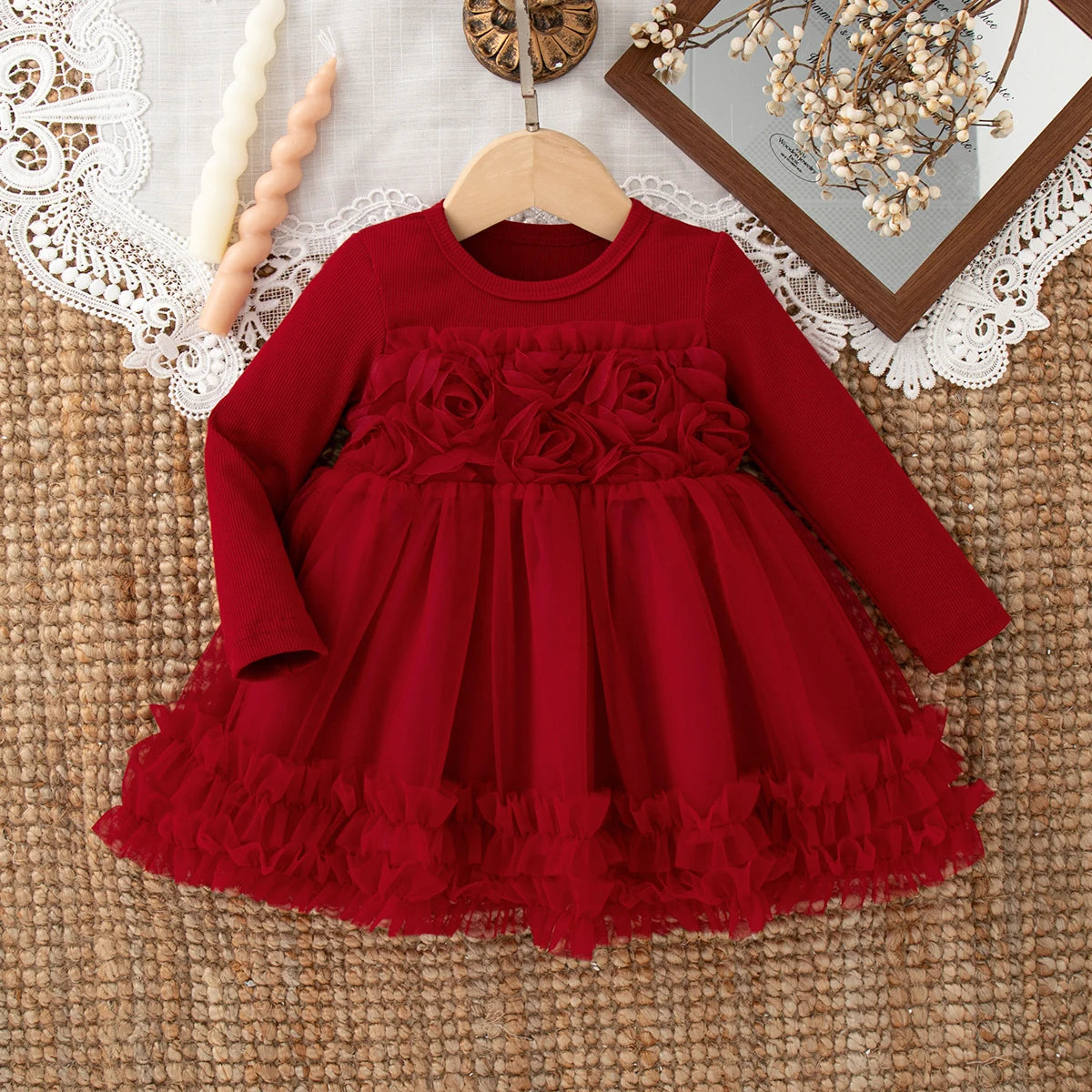 Girls' Dresses Spring/Fall Solid-Color Floral Long-Sleeve Baby Girl Dresses Adorable First Birthday Baby Dresses Baby Girl Cloth