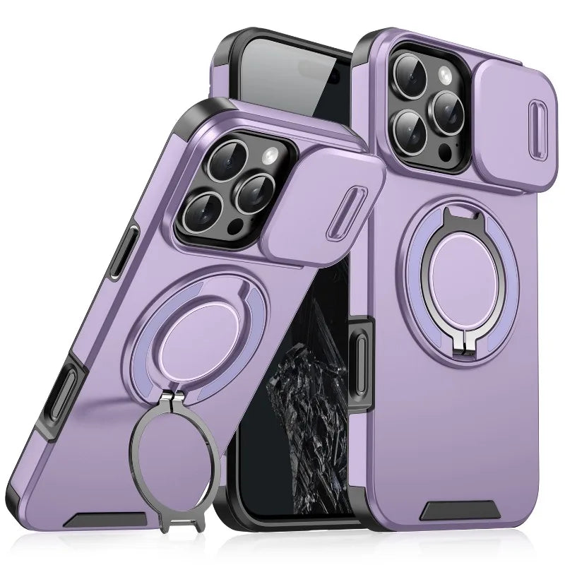 Luxury Heavy Duty Rugged Armor Magnetic Bracket Case For iPhone 16 15 14 13 12 11 Pro Max Plus Slide Camera Protection PC Cover