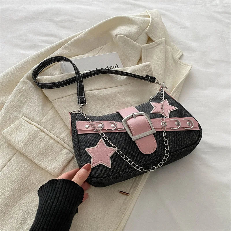 Y2k Hot Girls Denim Shoulder Bags Retro Rivet Star Women's Underarm Bag Portable Female Chain Armpit Bag Small Purse Handbags