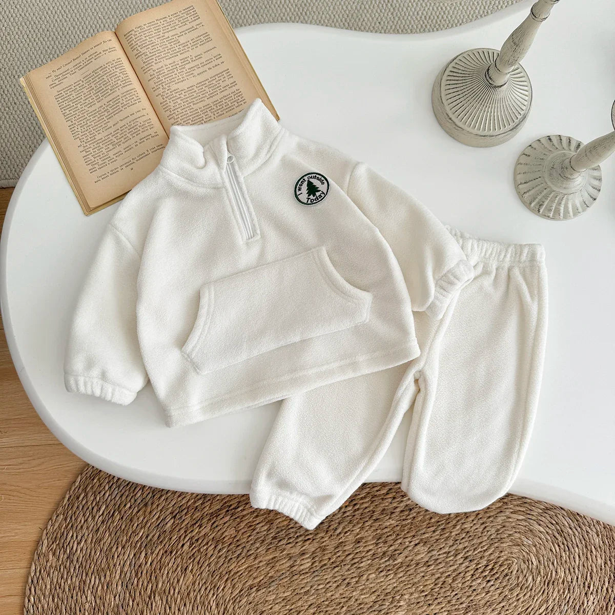 Autumn Winter Thermal Suit Baby Boys Girls Sets Polar Fleece High Neck Badge Pocket Pullover Solid Pants Kids Clothes