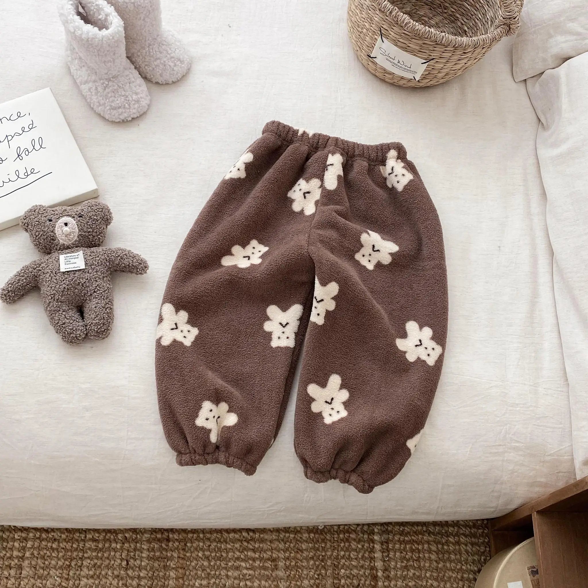 Cute Little Bear Plush Pants For Baby Boys Girls Pajamas Pants Cartoon Fashion Full Print Pants Home Wear Loose Casual Trousers