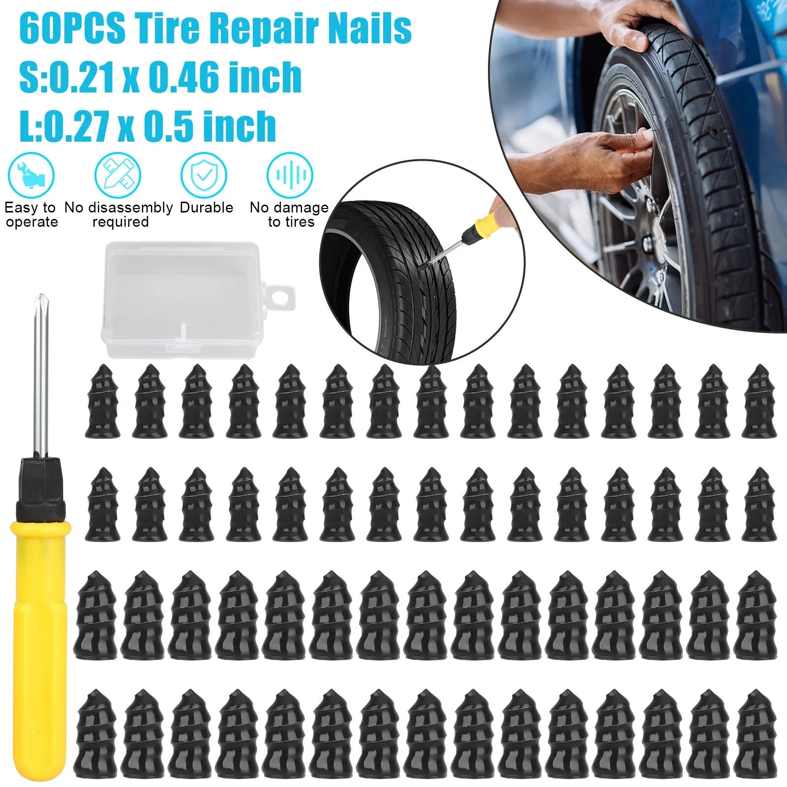 60PCS Car Vacuum Tire Repair Nail Rubber Screw Nails+  Tool Set w/Box Moto Tyre Repair Stud Patch Car Nail with screwdriver