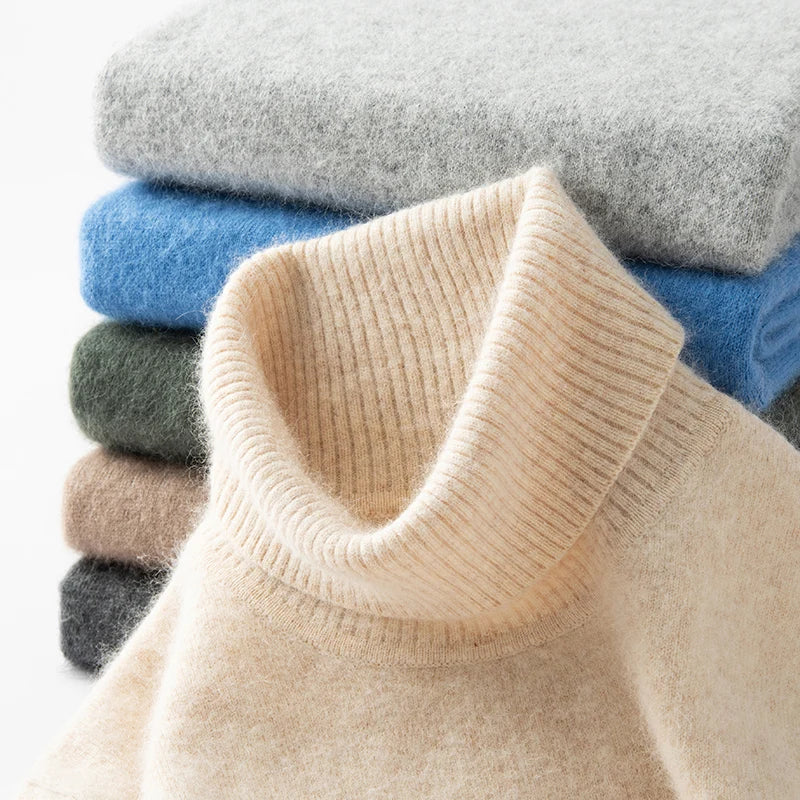 Men's 100% pure Mink Cashmere Sweater High Lapels Pullovers Knitted Autumn and Winter New Warm Tops Long Sleeve High-End Jumpers