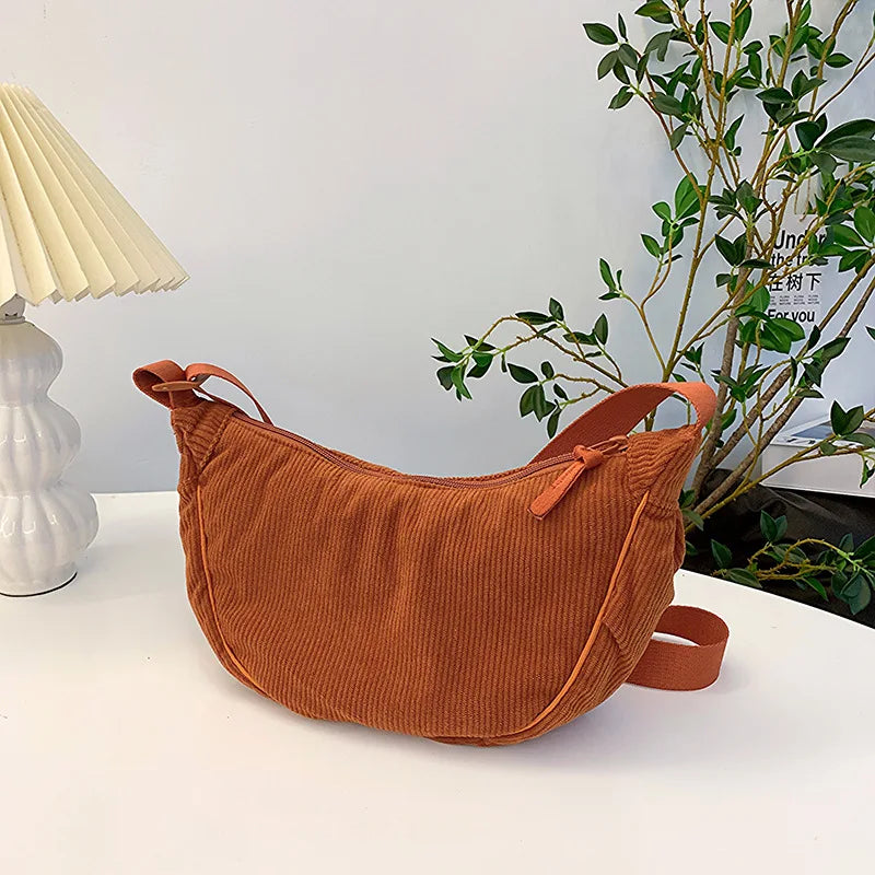 Solid Color Corduroy Women's Hobos Shoulder Bag Retro Casual Female Crossbody Bags Ladies Daily Travel Handbags Messenger Bag