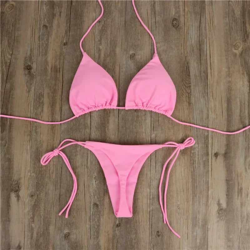 Bikini Sexy Swimsuits Swimwear Swimming Suit for Women Hanging Neck Tie Up Bikini Solid Color Sexy Split Strap Swimsuit Set