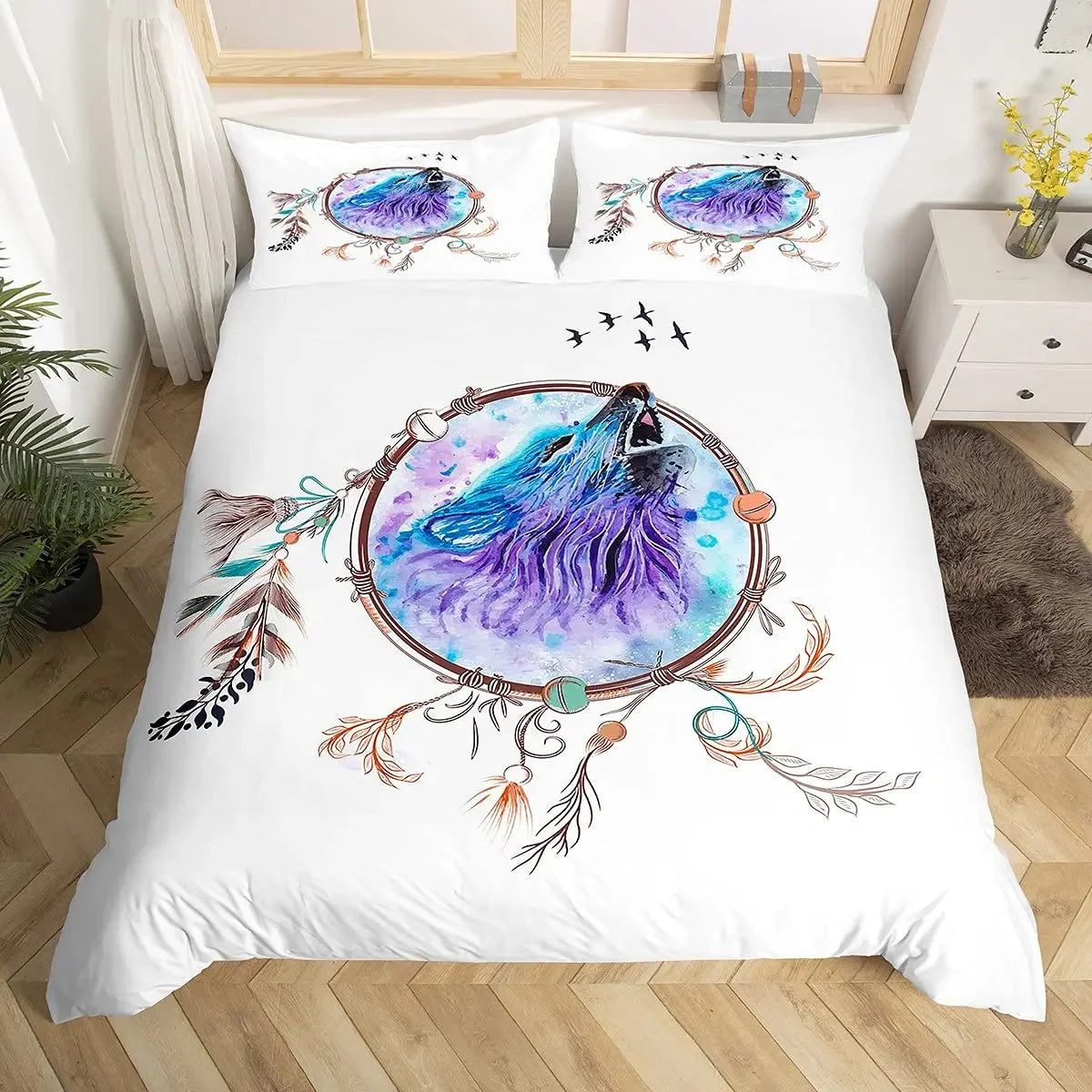 Dream Catcher Duvet Cover Set Purple Bedding Set Chic Boho Mandala Floral Feather Design Galaxy Comforter Cover Set Queen Size