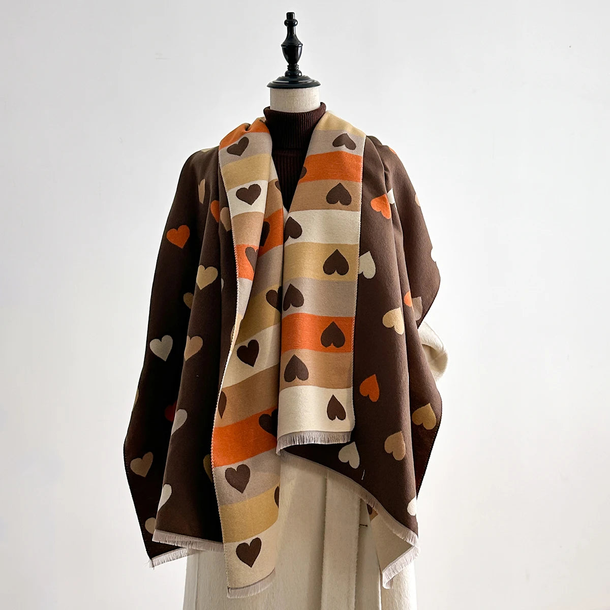 Autumn Winter Retro Imitaion Cashmere Shawl Fashion Woman Versatile Heart Double-sided Color Matching Pashmina Thick Warm Scarf