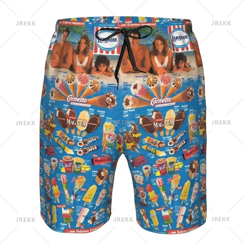 Ice Cream Poster Beach Shorts Men Kids Hot Sale Summer Popsicle Pattern Swimming Trunks Cool Street Oversized Short Pants