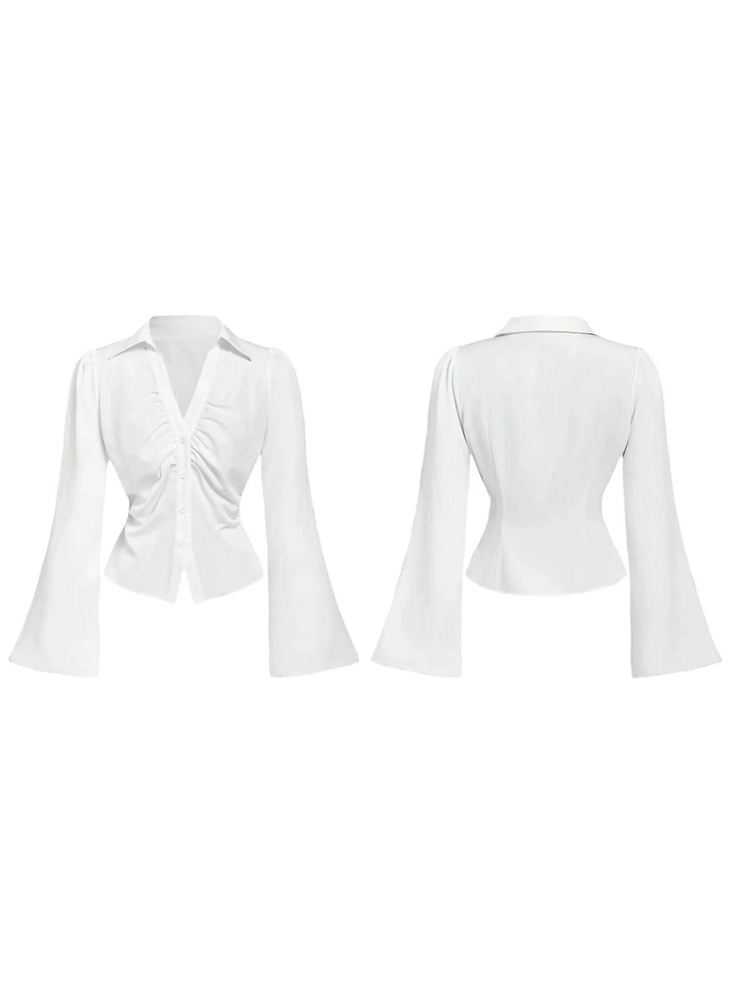 Women s Elegant Ruffle Sleeve Blouse Solid Color Lapel V-Neck Button Down Casual Shirt Spring Fall Fashion Tops