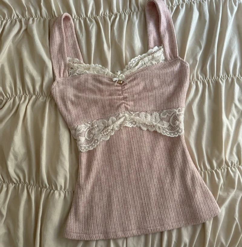 90s Vintage Cutest Lace Trim Camis Women Aesthetic Grunge Slim Fit Milkmaid Vest 00s Retro Y2k Cottage Crop Top Coquette Clothes