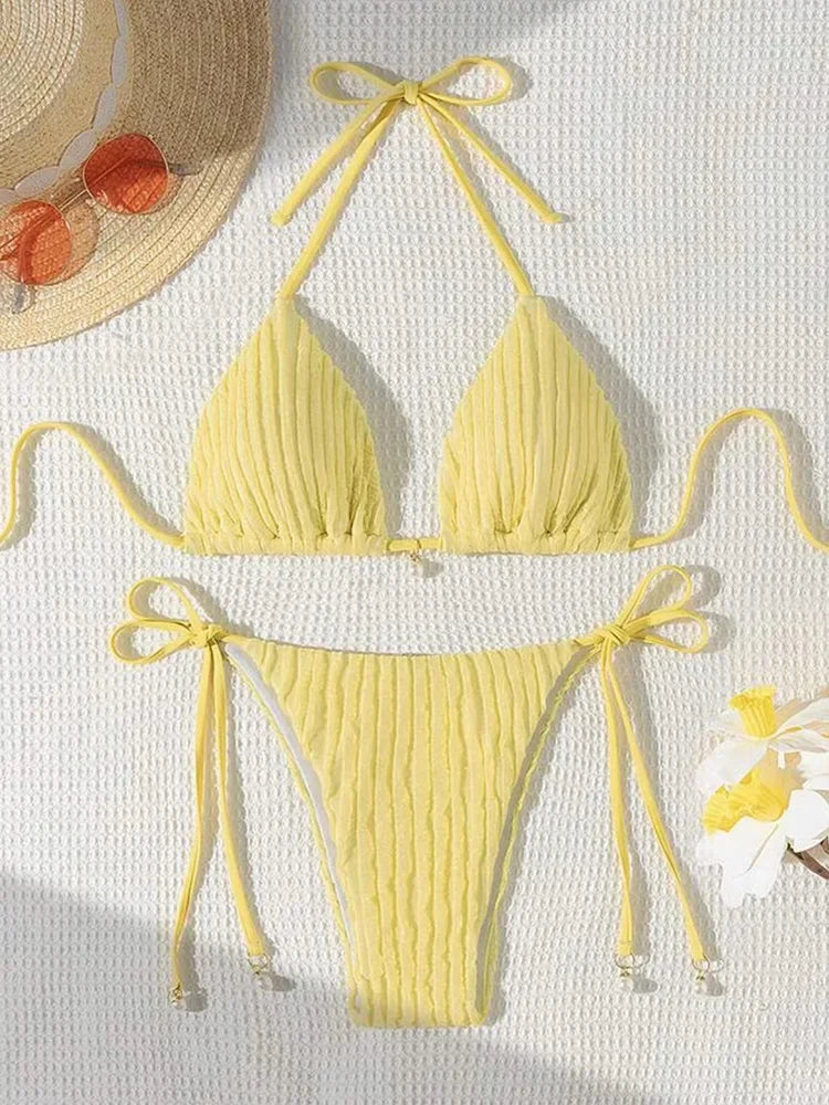 Vzvn 2025 New Summer Swimwear Bikinis Set Sexy Backless Bikini 2 Pieces Set Women Laced Up Solid Split Swimsuit Beach Bikini