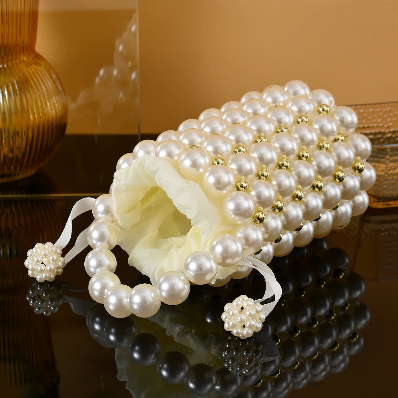 Women's Luxury Pearl Handbag Elegant Handmade Pearl Bucket Bag Detachable pearl chain shoulder Bag Dinner Party Evening Gown Bag