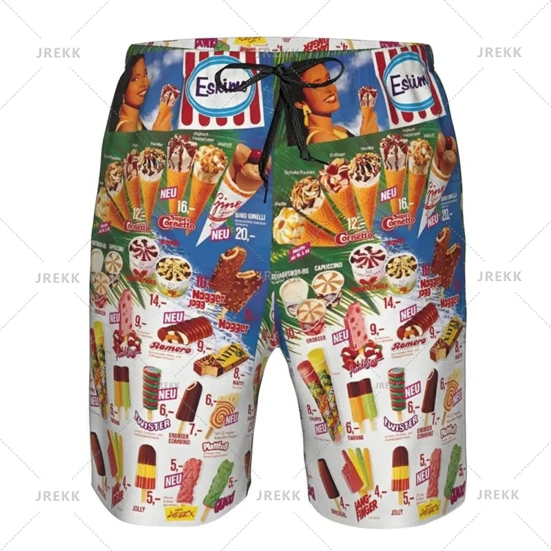 Ice Cream Poster Beach Shorts Men Kids Hot Sale Summer Popsicle Pattern Swimming Trunks Cool Street Oversized Short Pants