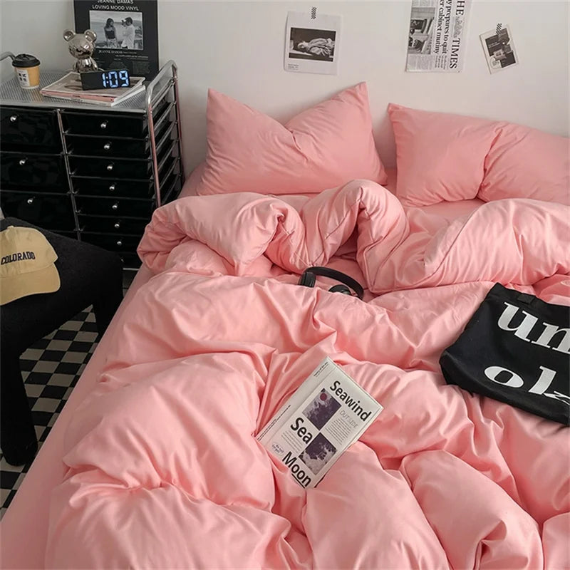 100% Cotton Bed Linen Bedding Set Washed Cotton Four Pieces Bed Sheet Set Comforter Sets Dolid Double Couple Bed Quilt Cover