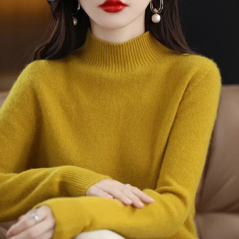 Women's Knitwear Autumn Winter Sweater Korean Basic Solid Long Sleeve Pullovers Warm Bottoming Shirts Half High Collar Black Red