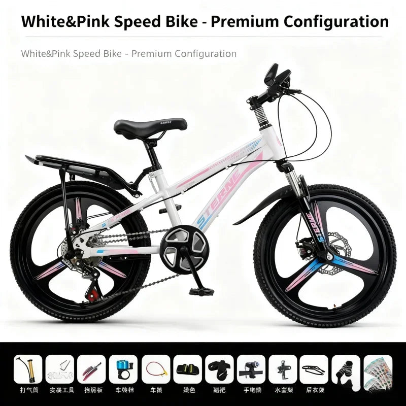 White & Pink Children's Bicycle with Integrated Wheel Variable Speed & Shock Absorption Disc Brake for Boys & Girls 6-8-12 Years