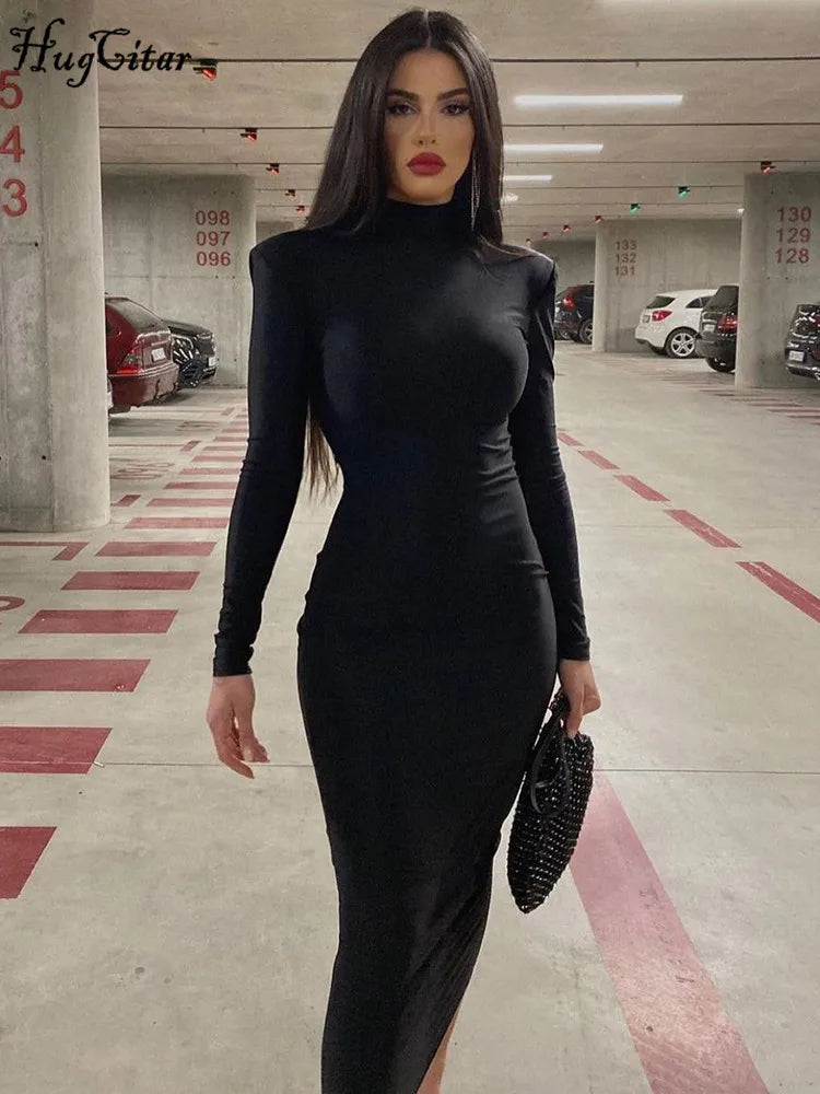 Hugcitar Women Fashion Turtleneck Long Sleeves Black Sexy Bodycon Maxi Prom Dress Fall Casual Clothes Streetwear Party Festival