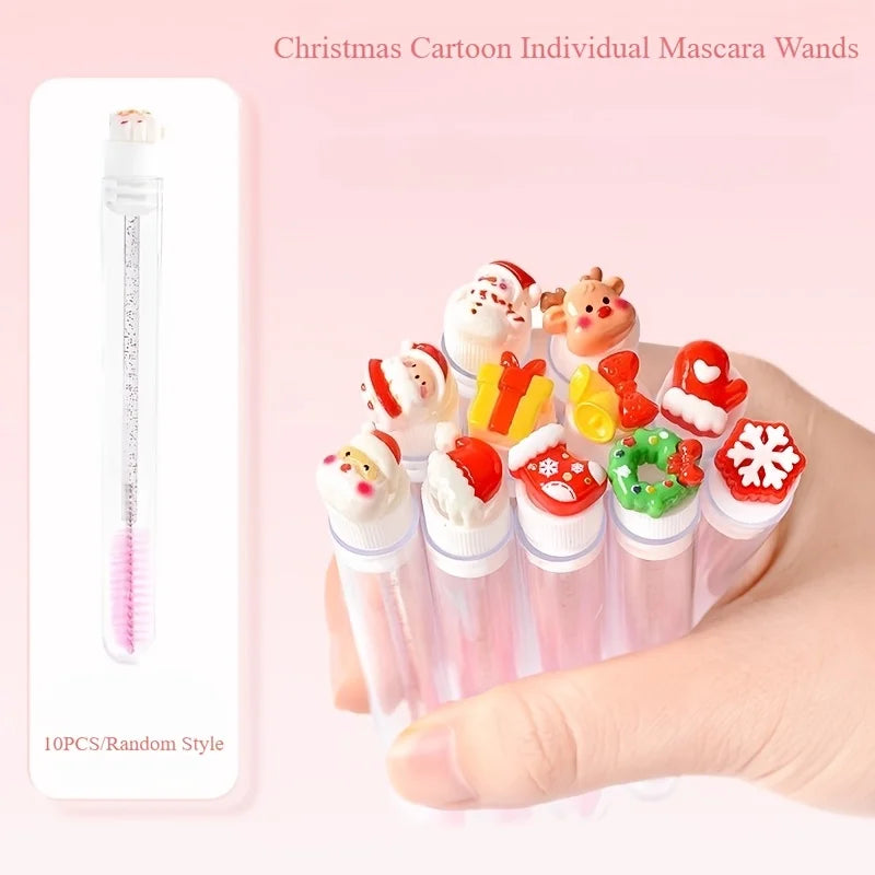 10pcs Christmas Eyelash Brushes Set - Santa Snowflake Design Mascara Wand, Eyebrow Comb, Makeup Applicator - Festive Beauty Gift