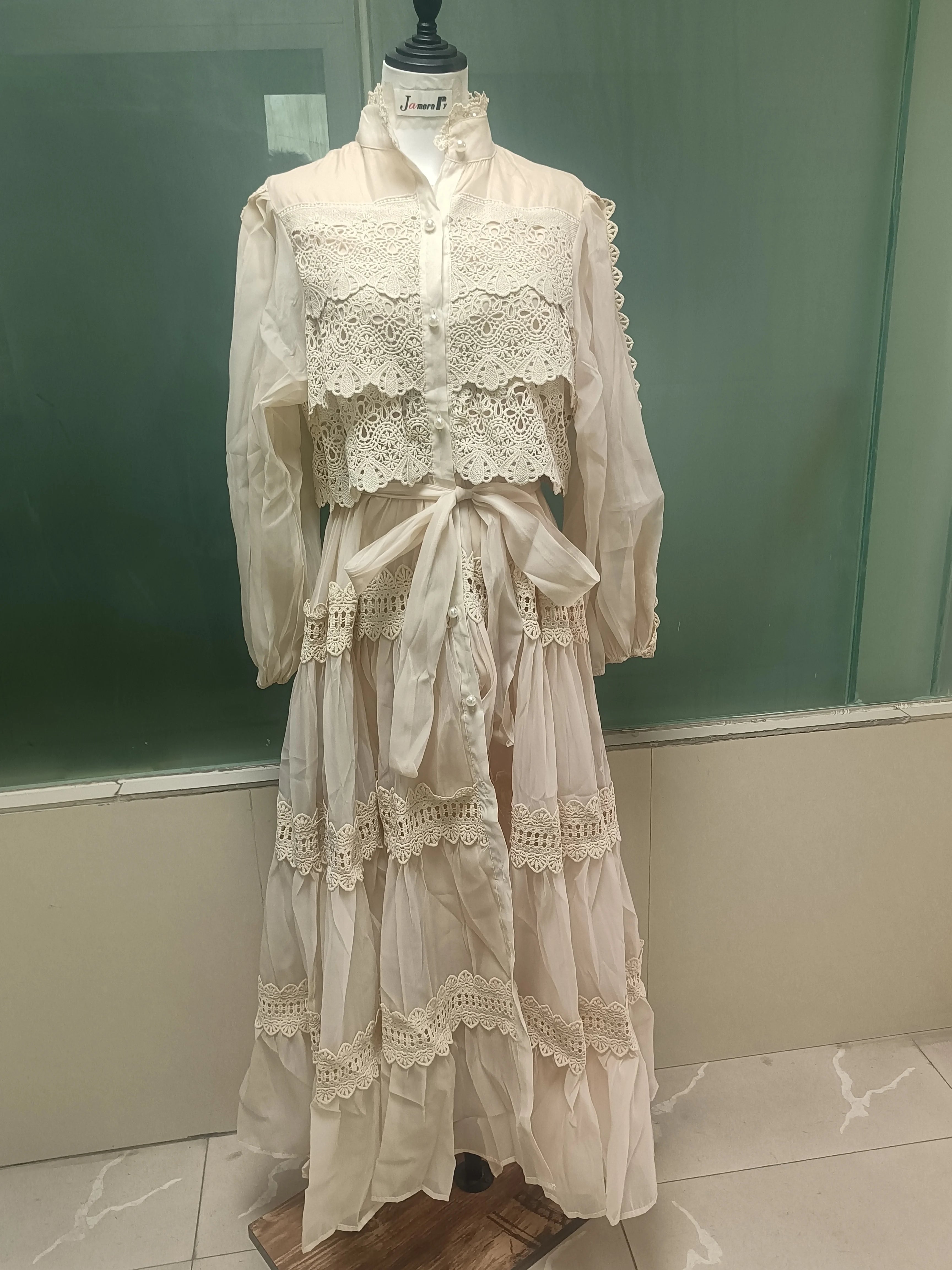 Elegant Hollow Out Organza Long Maxi Dresses Shirt Women Spring Summer Layer Ruffle Full Sleeve Pearl Evening Party Vestidos