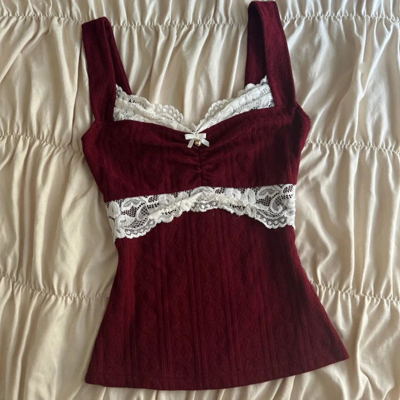 90s Vintage Cutest Lace Trim Camis Women Aesthetic Grunge Slim Fit Milkmaid Vest 00s Retro Y2k Cottage Crop Top Coquette Clothes